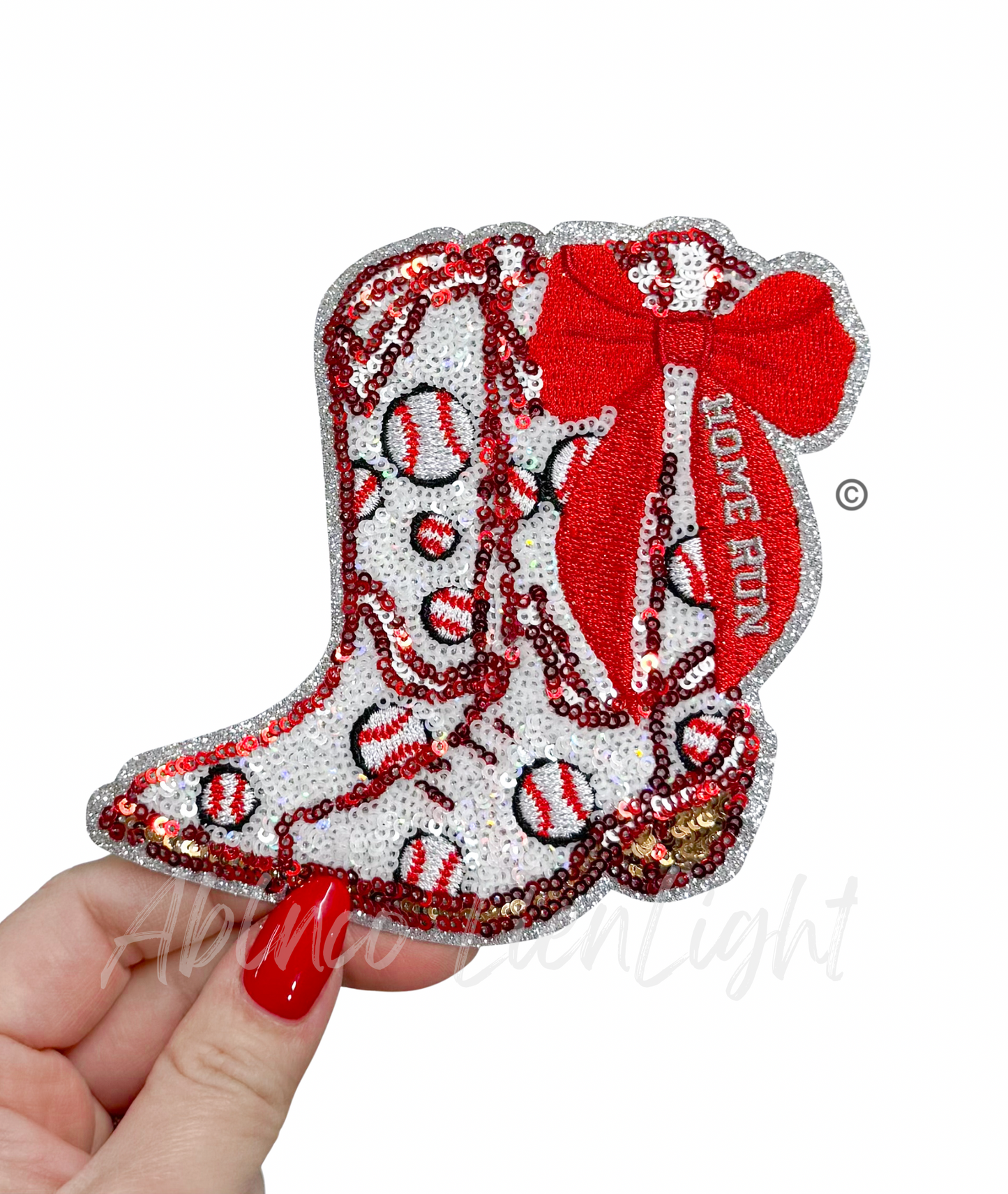 Baseball Homerun Star Red Bow Boots Sequin Patch - Small