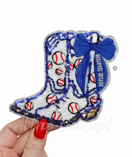 Baseball Homerun Star Royal Blue Bow Boots Sequin Patch - Small