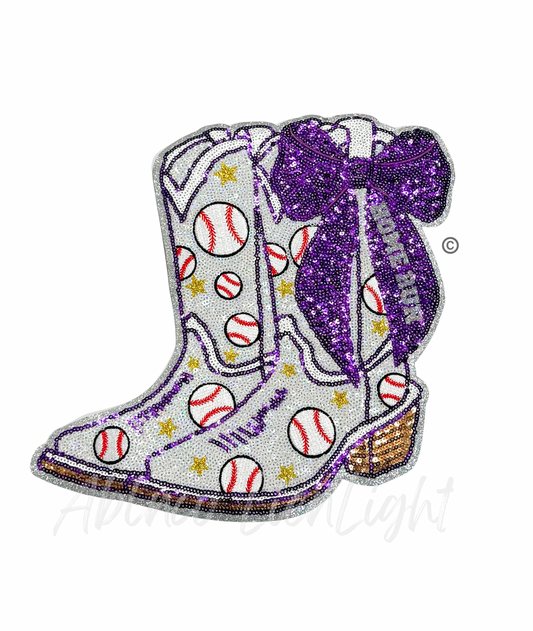 Baseball Homerun Star Purple Bow Boots Sequin Patch - Large