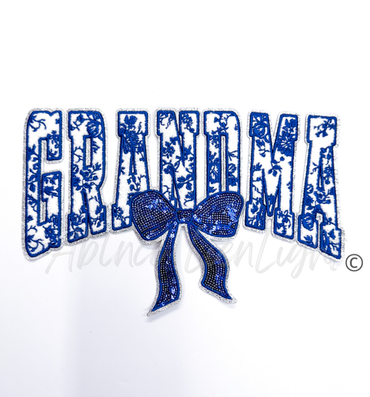 Blue Floral Grand Millennial Grandma Bow Sequins Chenille Patch