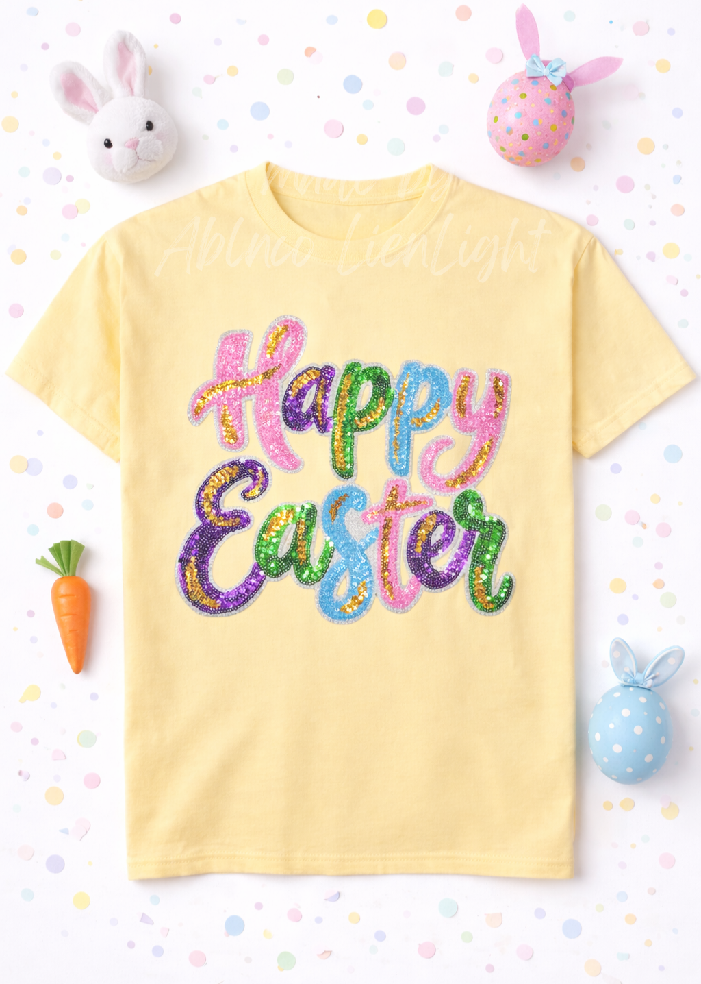 Colorful Cursive Happy Easter Sequin Patch Tshirt