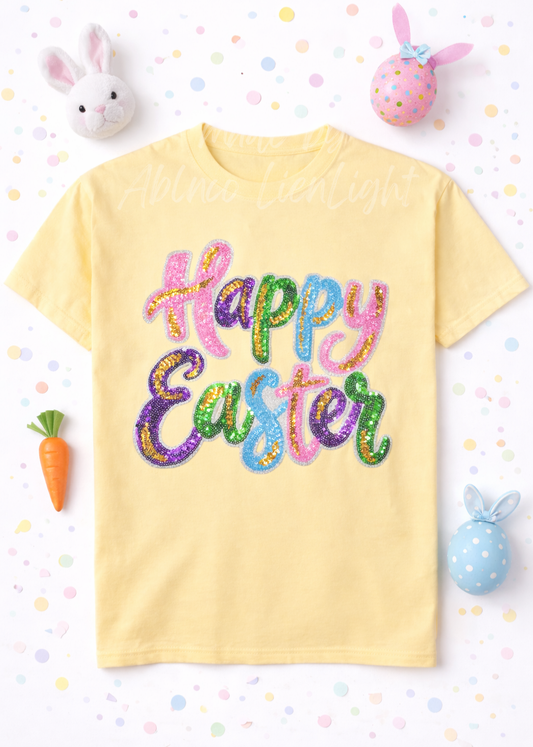 Colorful Cursive Happy Easter Sequin Patch Tshirt