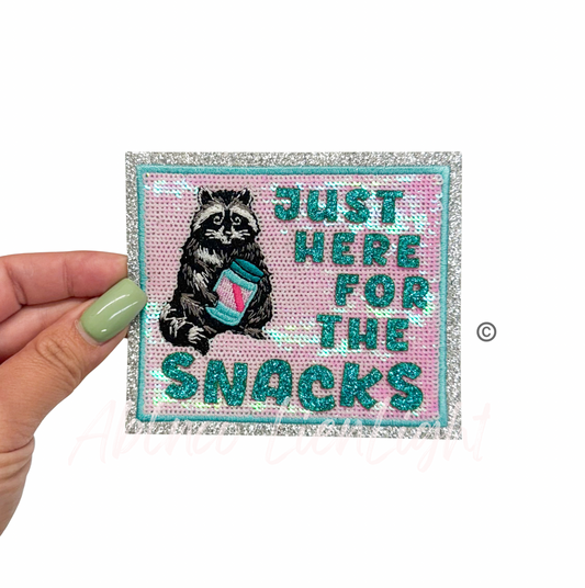 Just Here for the Snacks Raccoon Sequin Glitter Patch
