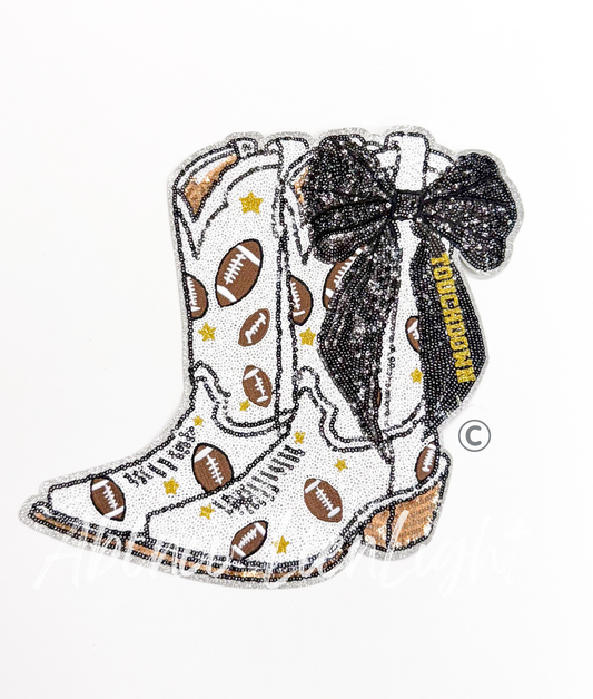 Football Touchdown Star Black Bow Boots Sequin Patch - Large