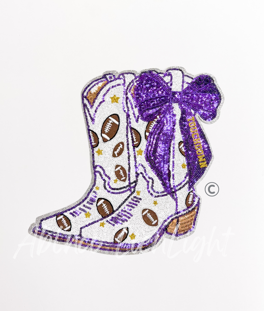 Football Touchdown Star Purple Bow Boots Sequin Patch - Large
