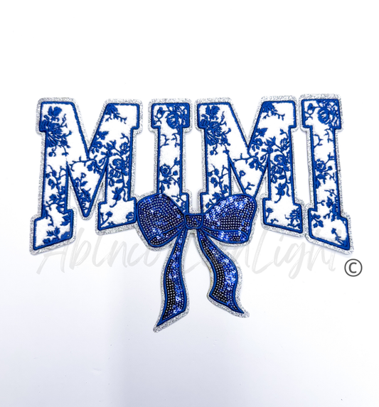 Blue Floral Grand Millennial Mimi Bow Sequins Chenille Patch