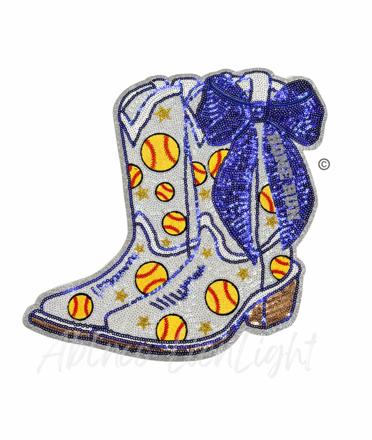 Softball Homerun Star Royal Blue Bow Boots Sequin Patch - Large