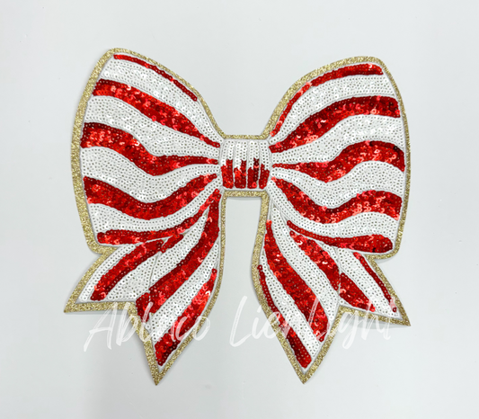 Christmas Candy Cane Red Bow Sequins Patch
