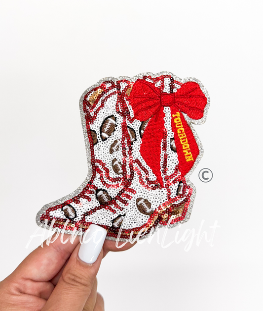 Football Touchdown Star Red Bow Boots Sequin Patch - Small