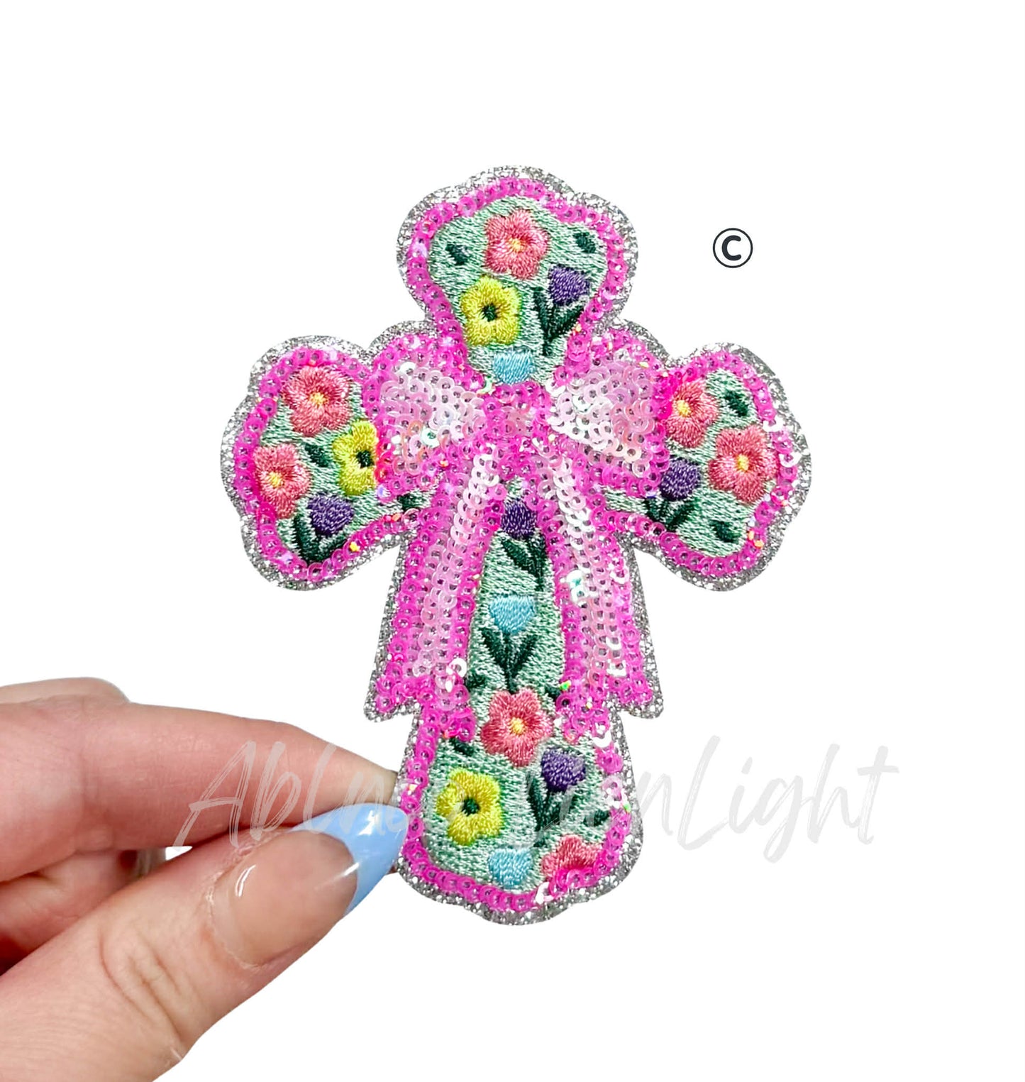 Pink Bow Floral Cross Easter Sequin Patch - Small