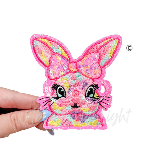 Pink Glasses Ombre Bunny Easter Sequin Patch - Small