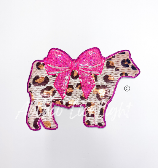 Show Cow Steer Cheetah Print Bow Sequin Patch - Large