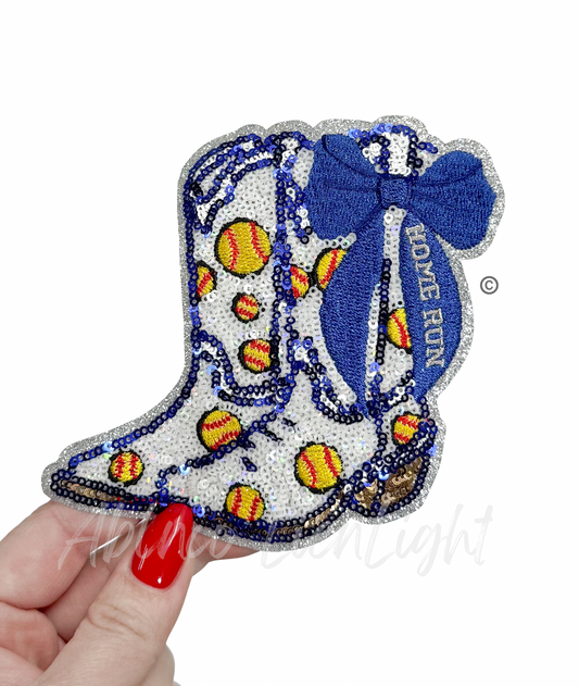 Softball Homerun Star Royal Blue Bow Boots Sequin Patch - Small