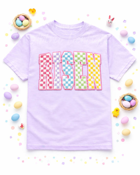 Colorful Checkered Risen Faith Easter Chenille Patch Tshirt
