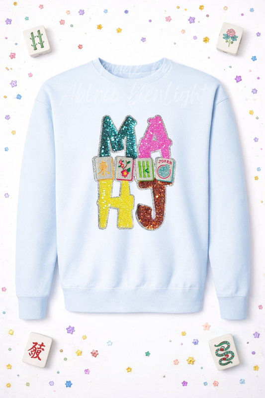 Colorful MAHJ Mahjong Tiles Sequin Patch Sweatshirt