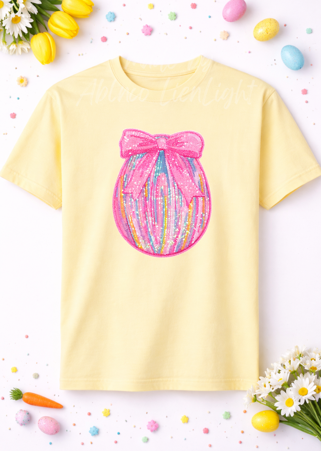 Pink Bow Ombre Colorful Egg Easter Sequin Patch Tshirt