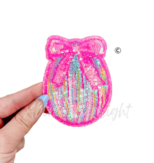 Pink Bow Ombre Colorful Egg Easter Sequin Patch - Small