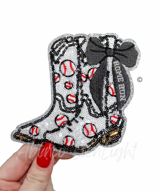 Baseball Homerun Star Black Bow Boots Sequin Patch - Small