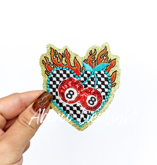 Flaming Checkered Heart 8 ball Cherries Retro Western Sequin Patch