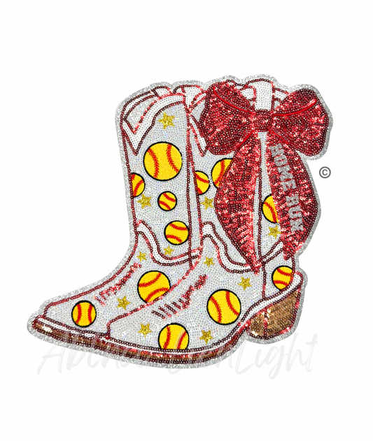 Softball Homerun Star Red Bow Boots Sequin Patch - Large