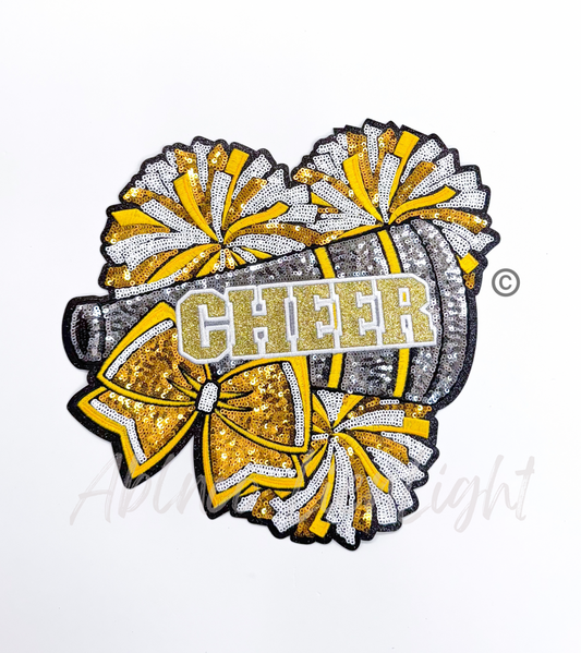 Gold Cheer Bow Megaphone Poms  Sequin Patch - Large