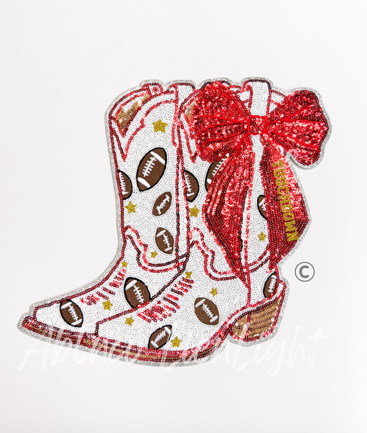 Football Touchdown Star Red Bow Boots Sequin Patch - Large