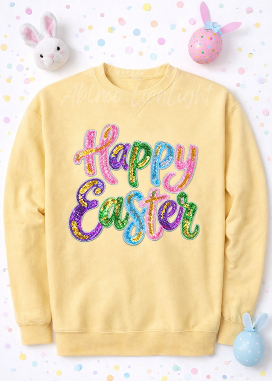 Colorful Cursive Happy Easter Sequin Patch Sweatshirt