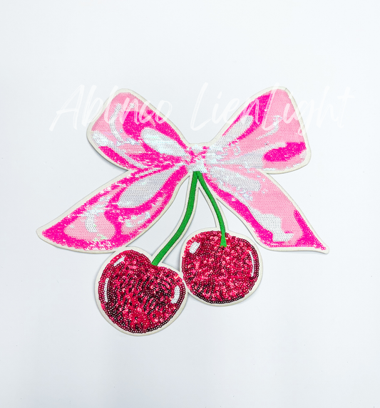 Cherries Pink Bow Sequins Valentines Day Patch - Large