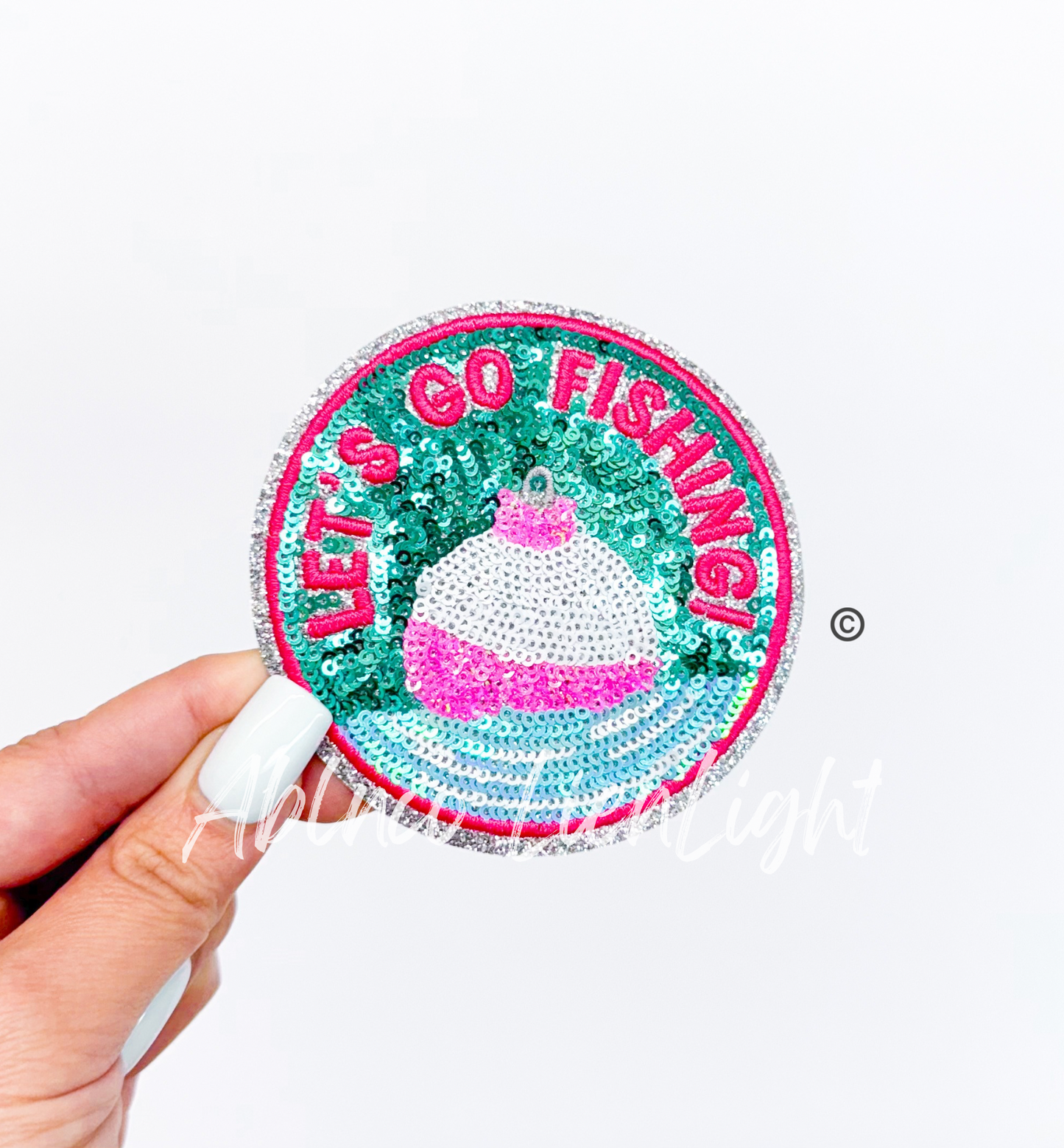 Preppy Pink Glitter Lets Go Fishing ©️ Sequin Patch