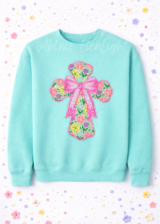 Pink Bow Floral Cross Easter Sequin Patch Sweatshirt