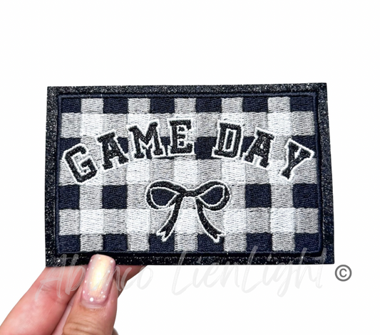 Black Game Day Checkered Plaid Bow Patch