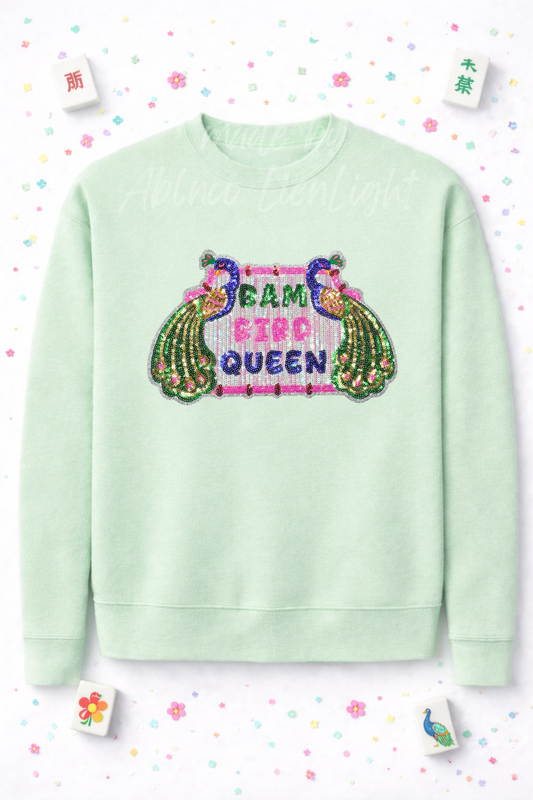 Bam Bird Queen Peacocks Mahjong Sequin Patch Sweatshirt