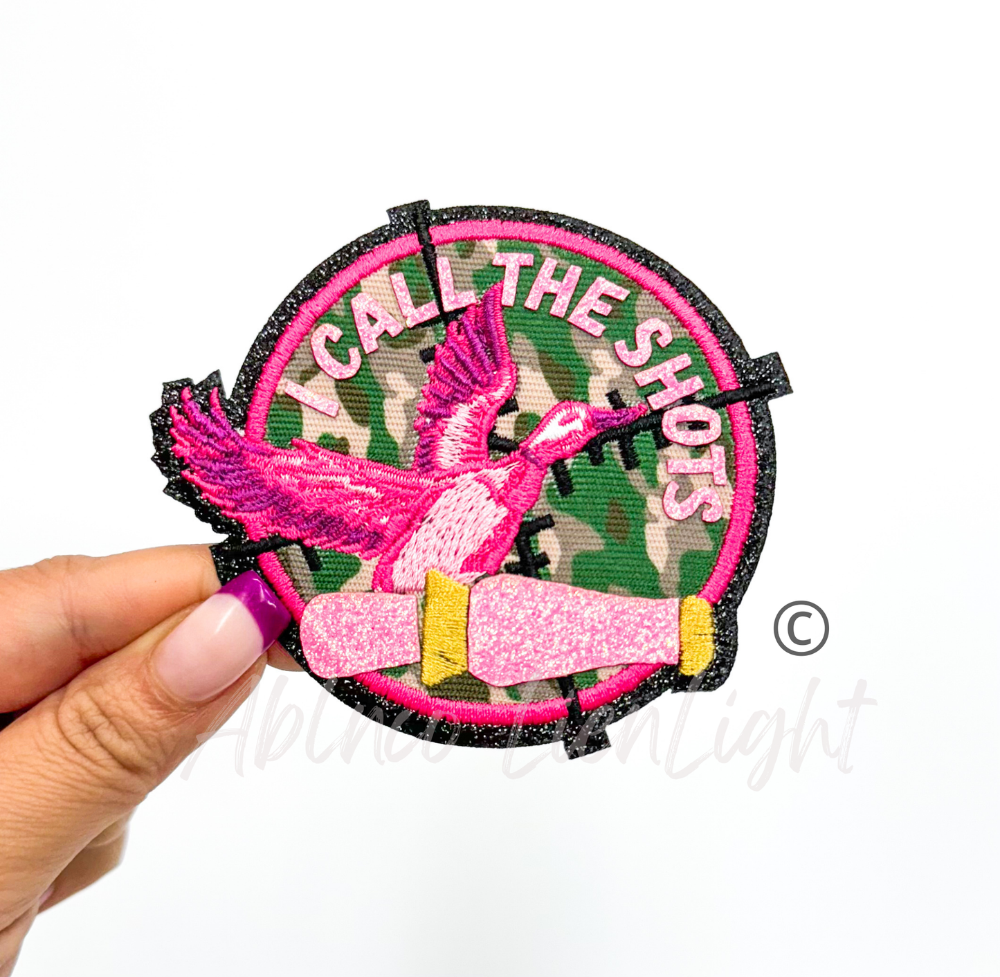 I Call The Shots Hunting Duck Camo Pink Glitter Embrodiery Patch©️