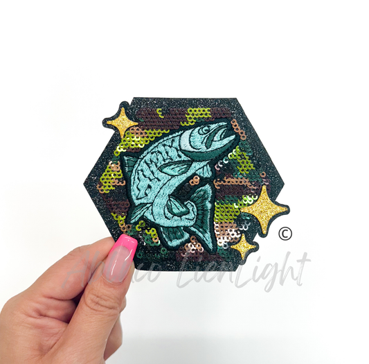 Camo Turquoise Fish Hunting Sequin Patch