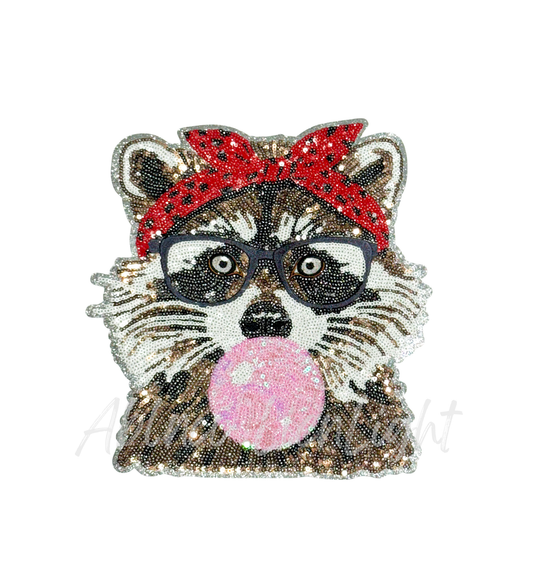 Sequins Bubble Gum Raccoon Embroidery Valentines Day Patch - Large