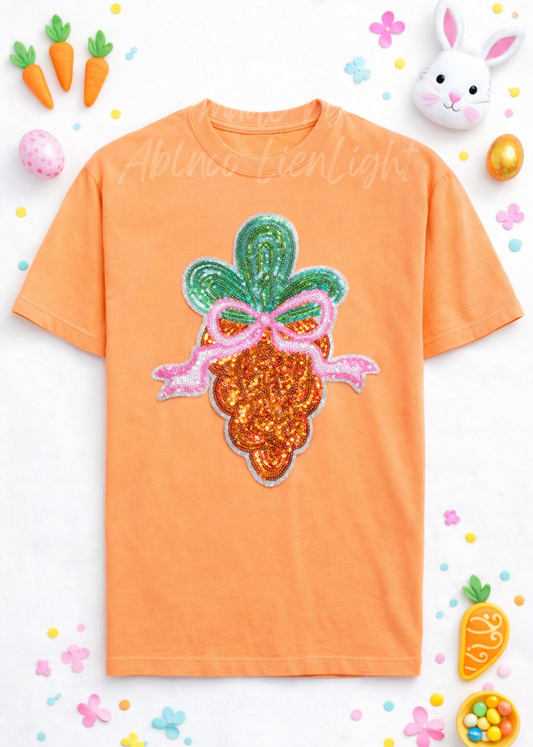 Pink Bow Carrot Easter Sequin Patch Tshirt