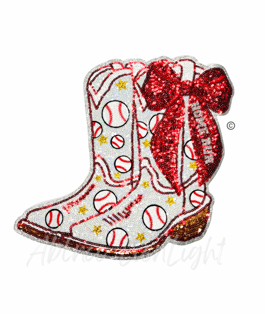 Baseball Homerun Star Red Bow Boots Sequin Patch - Large