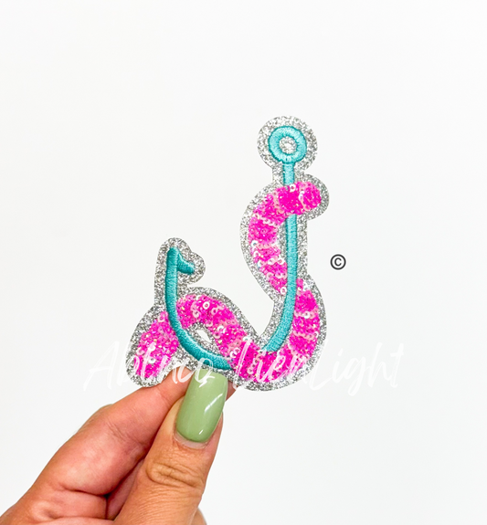 Preppy Pink Glitter Worm Hook ©️ Fishing Sequin Patch