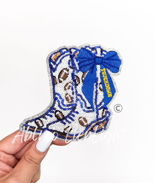 Football Touchdown Star Royal Blue Bow Boots Sequin Patch - Small