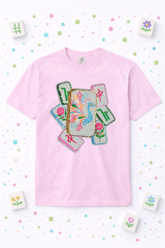 Mahjong Peacock Tiles Sequin Patch Tshirt