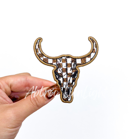 Brown Checkered Bull Head Skull Western Glitter Patch