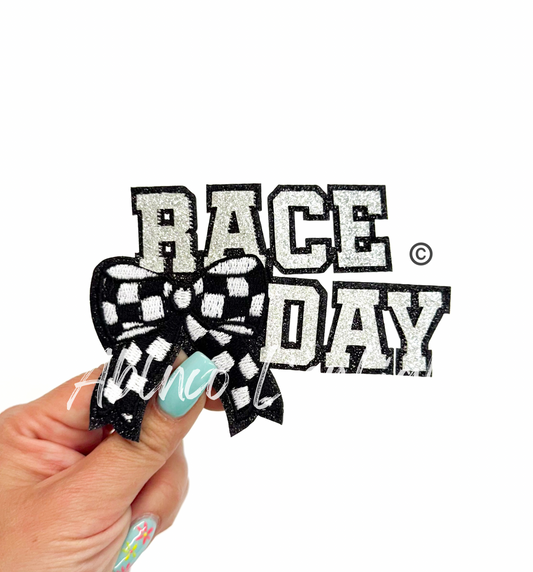Race Day Checkered Bow Glitter Patch - Small