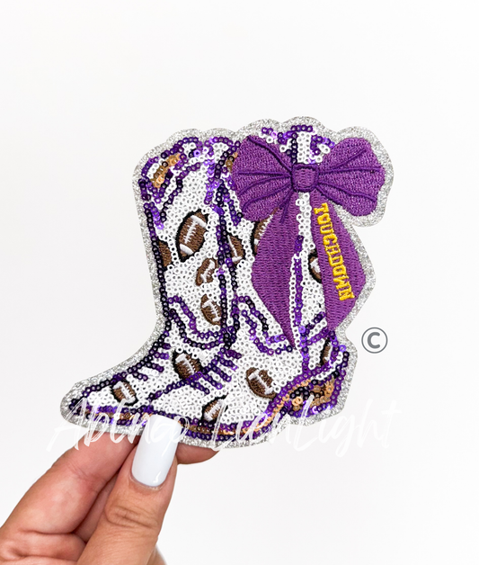 Football Touchdown Star Purple Bow Boots Sequin Patch - Small