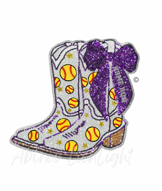 Softball Homerun Star Purple Bow Boots Sequin Patch - Large