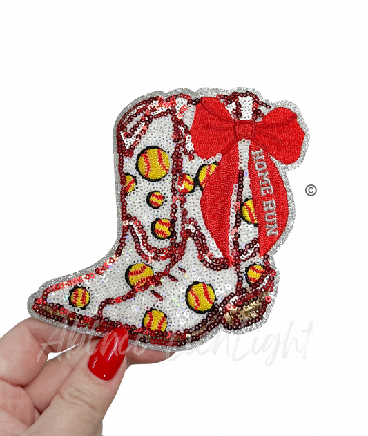 Softball Homerun Star Red Bow Boots Sequin Patch - Small