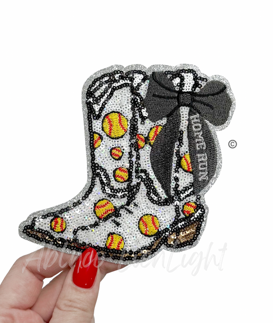 Softball Homerun Star Black Bow Boots Sequin Patch - Small