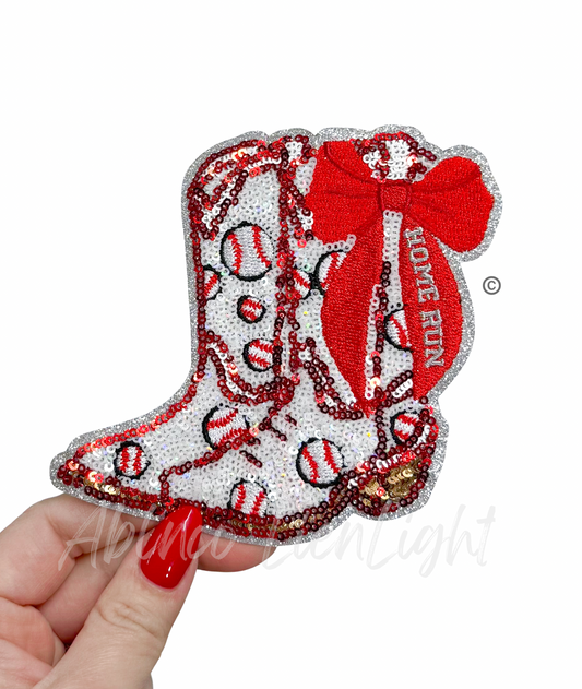 Baseball Homerun Star Red Bow Boots Sequin Patch - Small