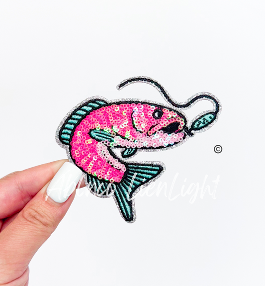 Preppy Pink Glitter Fish Bait ©️ Fishing Sequin Patch