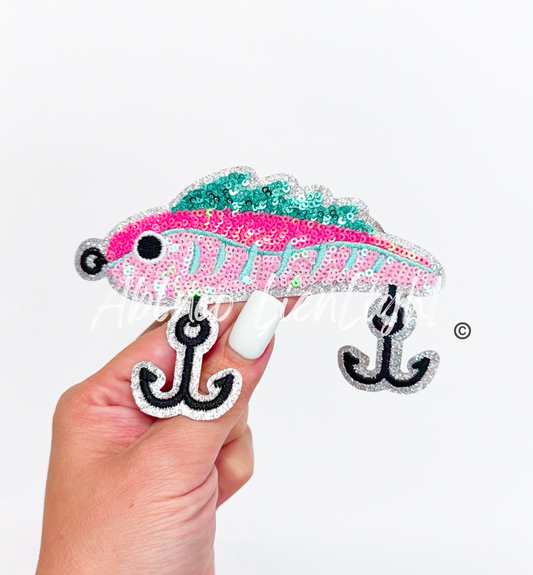 Preppy Pink Glitter Fish Jig Lure ©️ Fishing Sequin Patch
