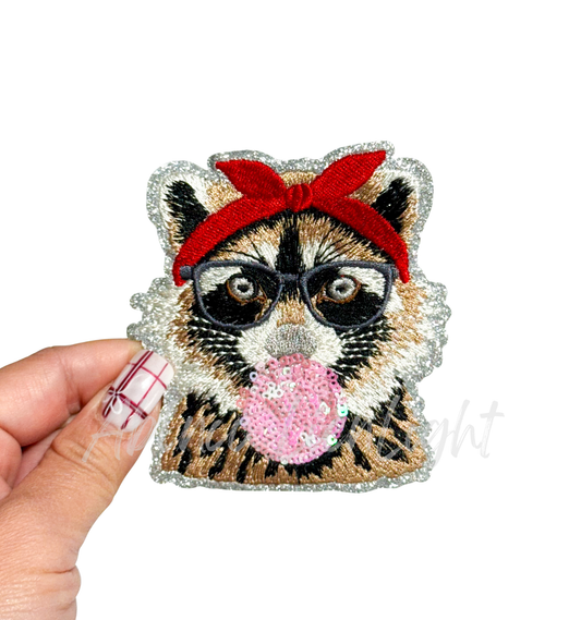 Sequins Bubble Gum Raccoon Embroidery Valentines Day Patch - Small